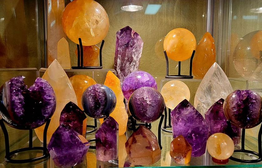 Purple and Orange Crystals in display case